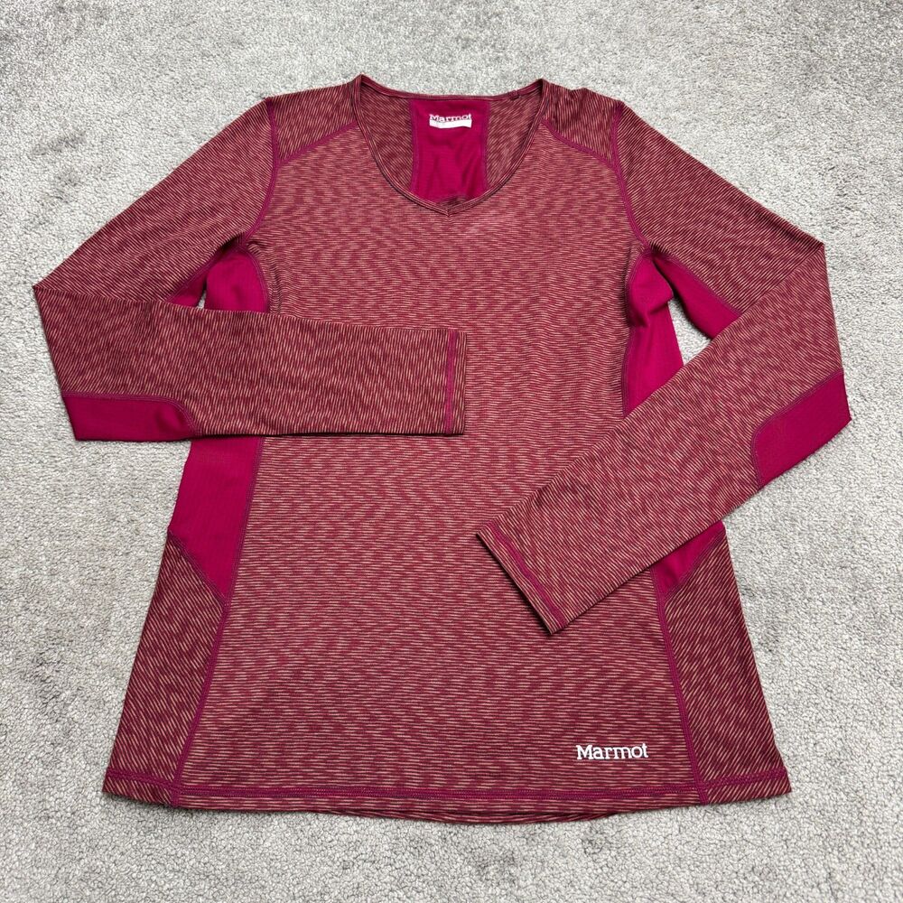 Marmot Trail Running Shirt Womens M Red Heather V-Neck Long Sleeve Thumbholes